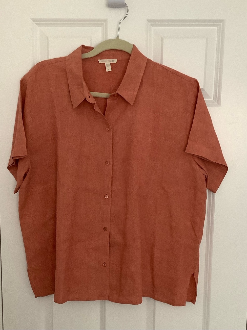 Eileen Fisher Short-Sleeve Button-Front Shirt in Terracotta